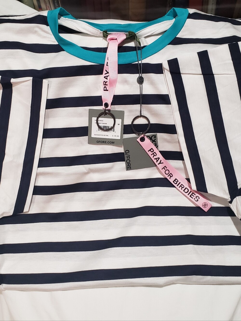 G/FORE Navy and White Striped Tee with Teal Neckband